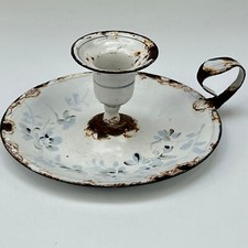 Antique French White & Pale Blue Floral Enamel Chamberstick Candle Holder