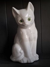Vintage White Ceramic Cat Figurine Sitting Green Eyes 8"