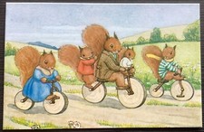 Margaret Tempest Vintage Postcard The Bicycle Ride Red Squirrels Medici 1940’s