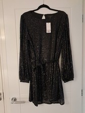BNWT Gorgeous Lipsy Black Sequin Party Dress Long Sleeves Fully Lining 16 - 18