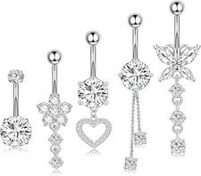 5Pcs Belly Button Bars Sterling Silver,Belly Bar 14G Navel Bars  Dangly Belly