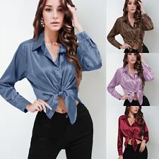 Womens Satin Silk Solid Shirt Ladies Casual Baggy Button-up OL Work Blouse Tops