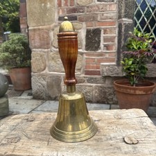 Vintage Hand held Brass Bell Wooden Handle School Warning ARP Prop Old Loud Ring