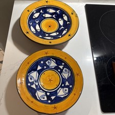 A Pair Of Vintage Moroccan Hand Painted Wall Hung Bowls , Yellow, Blue & White