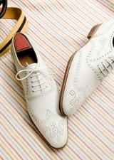 Handmade men fashion wingtip brogue white leather shoes, Men white dress shoes