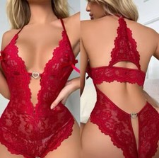Sexy Women Contrast Lace Scallop Floral Lingerie Open Crotch Nightwear
