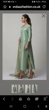 Stunning 3 Piece Salwar Kameez Suit Rasham Work & Crystals Dusty Green Size 44.