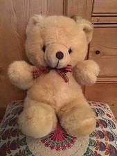 Vintage Debenhams Tan Beige Teddy Bear Red Tartan Bow Soft Plush Toy 14" Taiwan