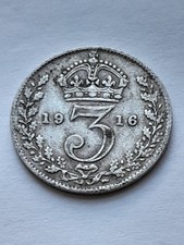 1916 King George V Sterling Silver Threepence Three Pence 3p 3d Light Circulatio