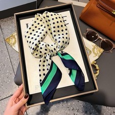 Vintage Polka Dot Silk-Feel Scarf – Cream, Navy & Green Stripe