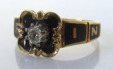 Gold Mourning Ring - Victorian 18ct Gold Diamond Enamel Mourning Ring Size M