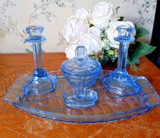 Vintage Art Deco Blue Glass Dressing Table Vanity Boudoir Set 5 Pieces