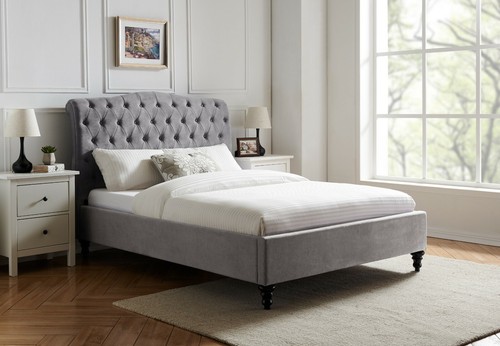 Fabric upholstered grey bed - fabric, upholstered,