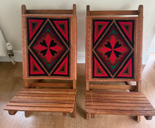 Pair of Beautiful Wooden Folding Chairs With Fabric Design on Chair Back.
