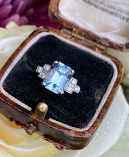 Art Deco Aquamarine and Diamond Platinum Ring 0.18ct + 1.75ct