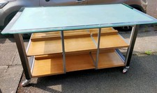 Industrial Steel & Glass Shop Display Table On Wheels + Shelves Kitchen Island