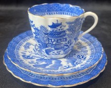 Antique Mandarin Blue & White Willow Bone China Tea Cup, Saucer & Tea Plate Trio