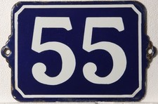 Large old blue French house number 55 door gate plate plaque enamel metal sign