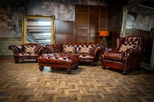 TETRAD OSKAR CHESTNUT LEATHER CHESTERFIELD LARGE SOFA CLUB & WING CHAIRS STOOL