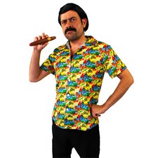 PABLO ESCOBAR COSTUME DRUG LORD FANCY DRESS YELLOW HAWAIIAN SHIRT WIG TASH CIGAR