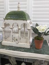 French Rustic Decorative Wooden & Ceramic Bird Cage Planter Green & White