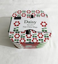 Lakeland Daisy Fine China Floral Striped Mugs Microwave/Dishwasher Safe Set Of 4