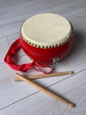 Double sided red Tanggu Chinese drum with shoulder strap and drumsticks