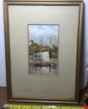 Vintage Gilt Framed Print Barge Narrow Boat River Cathedral Or Church *Postcard?