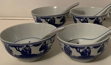 4 Chinese Blue & White Gods Of  Fortune Prosperity Longevity Rice Bowls & Spoons