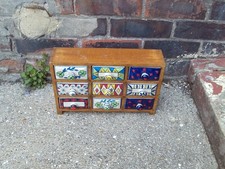 HAND PAINTED CERAMIC 9-DRAWER SPICE TRINKET CHEST :  WOOD INDIA 14" x 9" x3"