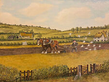 Vintage oil painting Farmer Horse Drawn Ploughing Field art signed framed