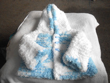 Hand Knitted Blue Chunky..Teddy Hooded Jacket/ cardigan baby boy 6-9-12mths.New
