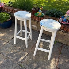Pair of Vintage White Wooden Bar Stools – Rustic Garden or Kitchen Seating