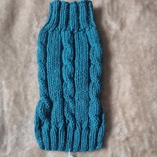 14" long hand knitted dog jumper.  chunky. Gift. Green Teal. Made to measure.