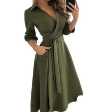 Womens Long Sleeve V Neck Midi Dress Ladies Lace Up Belted Solid Shirt Dress