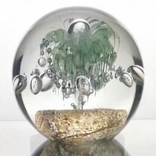 Stunning 4.5" Glass Paperweight Gold Leaf Base Encased Bubbles & Palm Tree Lily
