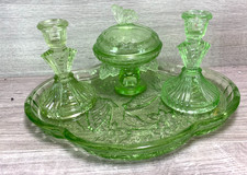 VINTAGE SOWERBY BUTTERFLY GREEN GLASS DRESSING TABLE VANITY SET 30/40s 4 PIECE