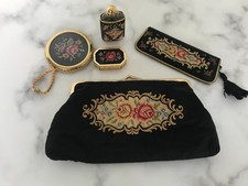 Vintage Petit Point Tapestry Cosmetic Bag Mirror Perfume Bottle Comb Avon Makeup