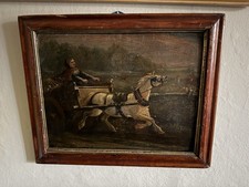 Georgian Oil On Paper Print Laid On Board Naive Folk Art Painting Of Horse Buggy