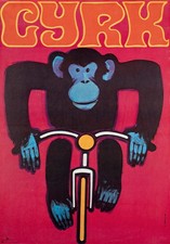 Cyrk Chimpanzee Cyclist R1980 Polish Circus Poster, Wiktor Gorka