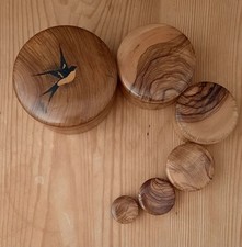 Vintage Olive Wood Circular Stacking Nesting Trinket Boxes Swallow Bird Design