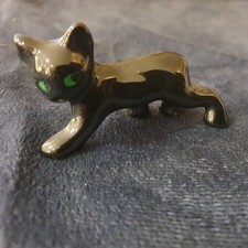 Vintage Ceramic Isle of Man Black Manx Cat Ornament Figure Green Eyes 7cm