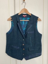 Joe Browns Tweed Waistcoat Size UK 16 Teal blue Wool Quirky Fun Boho Buttoned