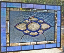 Blue Bordered Beveled Glass  Windshop Stained Glass Panel  22" W x 16 " H
