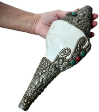 TIBETAN BUDDHIST CONCH SHELL RITUAL TRUMPET KATHMANDU NEPAL 4 PETALLED LOTUS