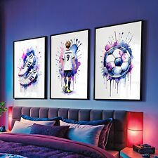 Personalised Football Prints Blue White Boys Bedroom Posters Set of 3 Wall Art