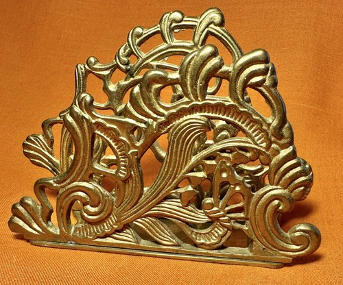 Vtg ornate solid brass napkin - ornate,