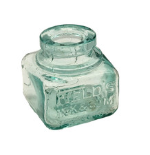 'Fields Ink & Gum' -Antique Embossed Aqua Glass Ink-well Bottle, c.1915~