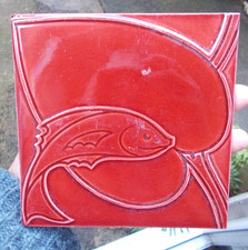 C F A Voysey Pilkington's Red Fish & Leaf 6 x 6 inch Tile C1902 Arts & Crafts