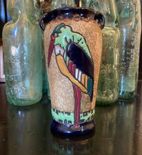 Vintage Amphora Art Nouveau Enamel Painted Heron Stork Bird Pottery Vase